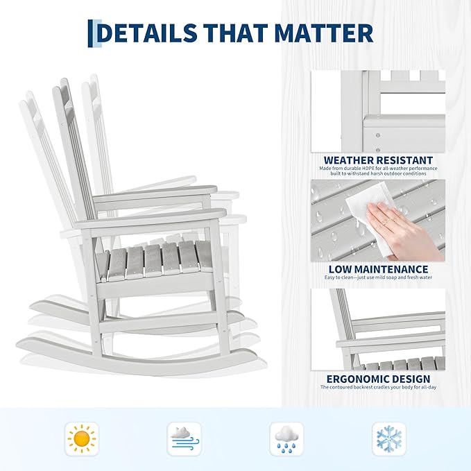 HDPE Rocking Chair Outdoor Set of 2 - Poly High Back Porch Rocker Chairs for Adults - All Weather Resistant Furniture for Patio Front Porch - White