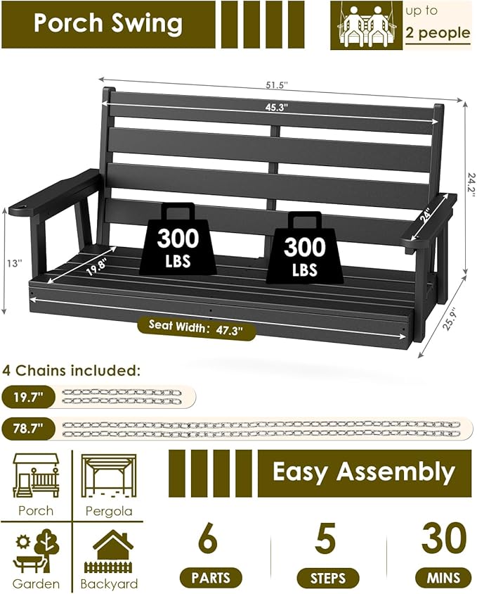 GREENVINES Porch Swing | 51’’ | HDPE Plastic | for Outdoor Patio | All Weather | Waterproof Bench Swings | w/ 4 Stainless Steel Chains | Black