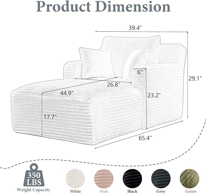 65.4" Chaise Lounge Chair Indoor, Oversized Boneless Couch Comfy Upholstered Sleeper Sofa Bed with 3 Pillows, Corduroy Cloud Reading Chair for Living Room No Assembly Required, Dark Grey