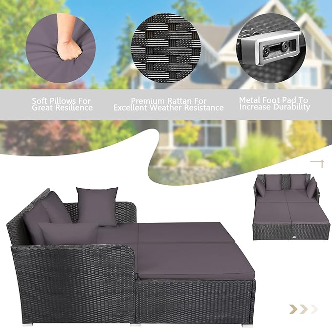 Outdoor Rattan Daybed, Patio Loveseat Sofa Set w/Comfortable Cushions, Extra Pillows & Metal Foot, Sunbed Wicker Furniture for Yard/Poolside/Living Room/Garden/Porch, Grey