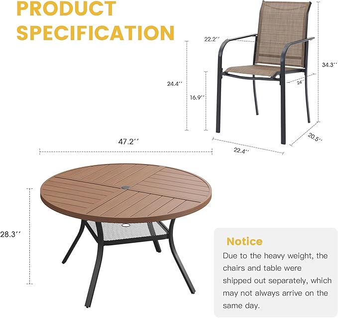VICLLAX Patio Table and Chair Set of 6, All Weather Metal Round Outdoor Dining Furniture Set-47 Round Outdoor Table and Chairs, Walnut Wood Grain Tabletop