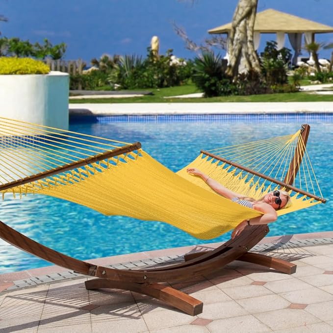 Lazy Daze Hammocks 10.5 FT Double 2 Person Caribbean Rope Hammock, Hand Woven Polyester Hammock with Spreader Bars, for Outside Outdoor Backyard Patio Poolside, 450 LBS Capacity, Yellow