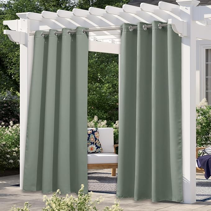NICETOWN Blackout Indoor & Outdoor Curtain for Patio Waterproof, Room Darkning Sun Blocking Thermal Insulated Window Treatments for Front Porch & Bathroom, W52 x L84, 1 Panel, Sage Green