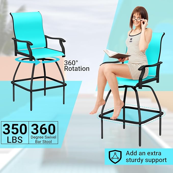 LEVELEVE Patio Bar Set 2pcs Swivel Bar Stools Outdoor Bistro Textilene Furniture Stability All-Weather Set (5, Lake Blue Padded)