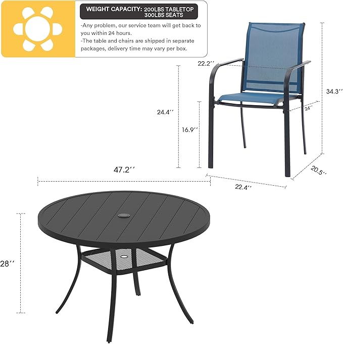 VICLLAX 7 Pieces Patio Dining Set, Outdoor Furniture Set Includes 47.2" Round Patio Table and 6 Patio Sling Chairs, Black Tabletop and Blue Fabric