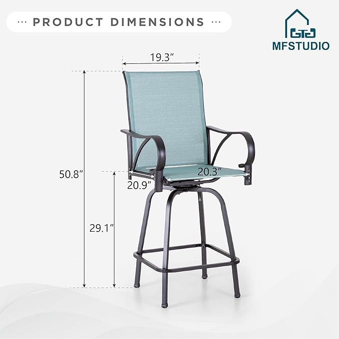 MFSTUDIO Outdoor Bar Stools Set of 6, Swivel Bar Height Patio Chairs Outdoor Barstools High Top Patio Swivel Bar Chairs with Armrest, Breathable Textilene, Turquoise Blue