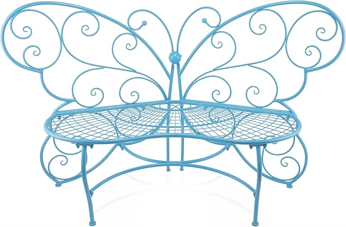 Alpine Corporation BAZ400BL Indoor Outdoor Metal Butterfly Shaped Garden Bench, 62" Long, Blue