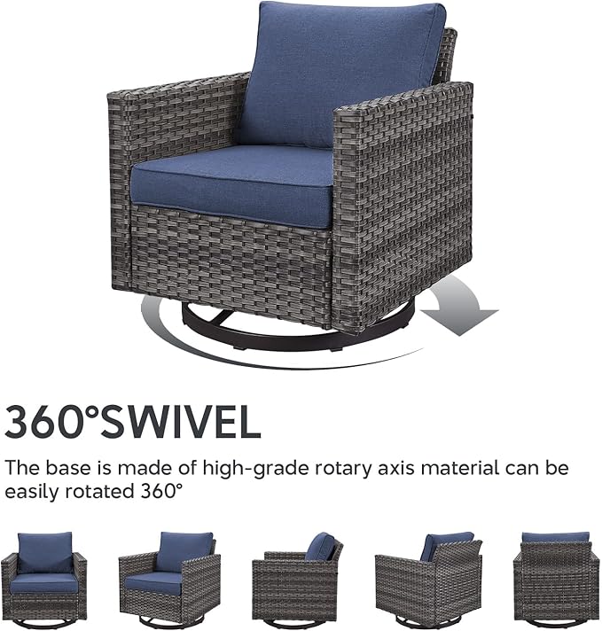 Belord Patio Furniture Set with Fire Pit Table: 9 Pieces Wicker Oversize Patio Conversation Set with Outdoor Swivel Glider Rocker Rattan Couch Ottomans, Anti-Rust Frame, Removable Cushion Blue