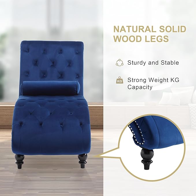Chaise Lounge Indoor,Velvet Upholstered Lounge Chair Button-Tufted Armless Chair with Pillow, for Bedroom Living Room Office Modern Backrest Leisure Recliner Sleep Sofa,Blue