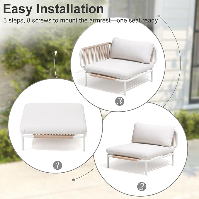 6 Piece Modern Outdoor Sectional Sofa, 31" Oversized Patio Furniture Set with Olefin Woven Rope, Weather-Resistant Metal Frame and Removable Cushion, Beige