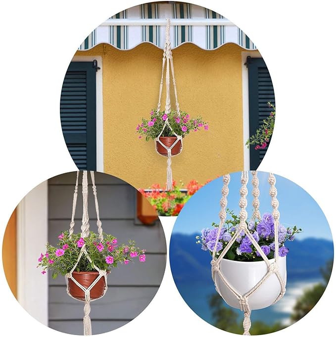 MIPON 3 Pack Macrame Plant Hanger Indoor Hanging Planter Holder with 3 Hooks, 46"/41"/34" Size for Boho Home Decor, Ivory (Pots Not Included)