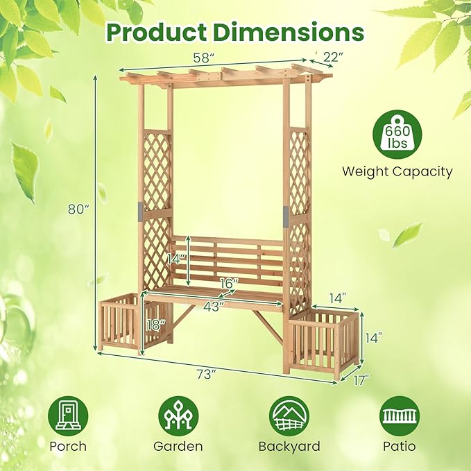 Giantex Outdoor Bench with Garden Arbor & 2 Planter Boxes, Wooden Trellis for Climbing Plants & Vines, Outside Pergola for 2-People Seating, Decoration for Porch, Patio, Yard