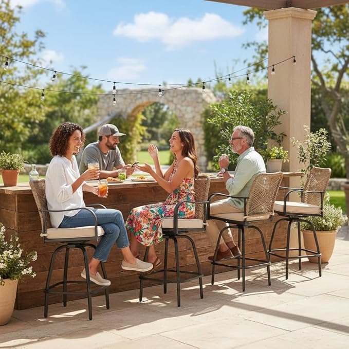 Outdoor Bar Stools Set of 4, 360° Swivel Metal Frame, Wicker Patio Bar Height Stools with Cushion, All-Weather Rattan Chair Design for Patio Backyard, Lawn Garden, Balcony, Poolside