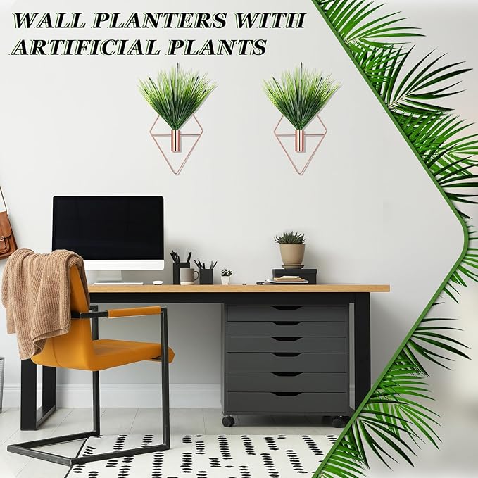 2 Pieces Wall Decor Hanging Planters with Artificial Plants Metal Hanging Vase Indoor Plants Holder Modern Boho Wall Art for Bathroom Bedroom Living Room Decor(Rose Gold,Aquatic Plant)
