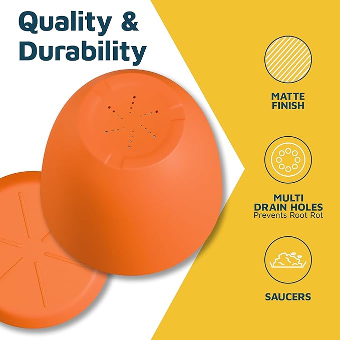 Yellow Plant Pots with Drainage Holes & Saucers 5 Pack, Indoor & Outdoor Stackable Space-Saving Planters for Houseplants & Flowers, (7", 6.7", 6", 5.3", and 4.8" Inches), Durable & Weatherproof