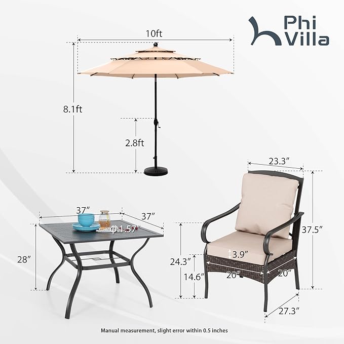 PHI VILLA 6 PCS Outdoor Dining Sets, All-Weather Square Patio Table and Chairs Set for 4 with Umbrella, Heavy Duty Patio Table Set for Deck, 4 Large Outdoor Metal Wicker Dining Chairs with Cushions