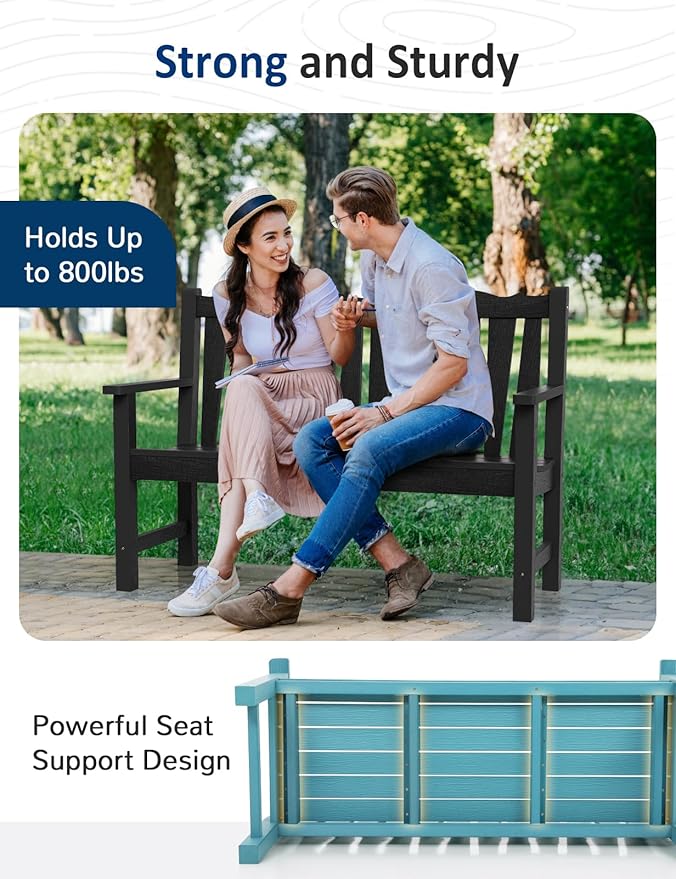 Outdoor Bench Set of 2, Weatherproof Garden Benches for Outdoors, All Weather HIPS Patio Bench Holds up to 800lbs, Never Rot or Fade, Comfort Bench for Porch Garden Patio Yard and Park(Black)