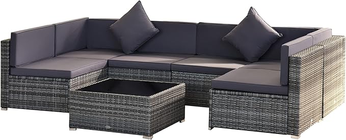 Outsunny 7-Piece Patio Furniture Sets Outdoor Wicker Conversation Sets All Weather PE Rattan Sectional Sofa Set with Cushions & Tempered Glass Desktop, Grey