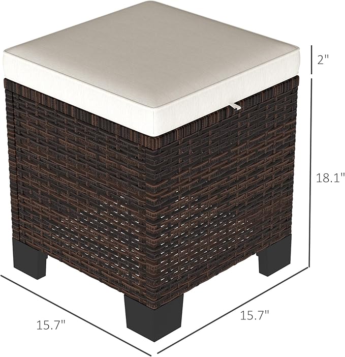 Outsunny 2 Pieces Outdoor Patio Ottomans, All Weather Wicker Outdoor Footstools with Removable Cushions, 3-in-1 PE Rattan Ottoman Seat, Footrest and Side Table for Backyard, Poolside, Beige