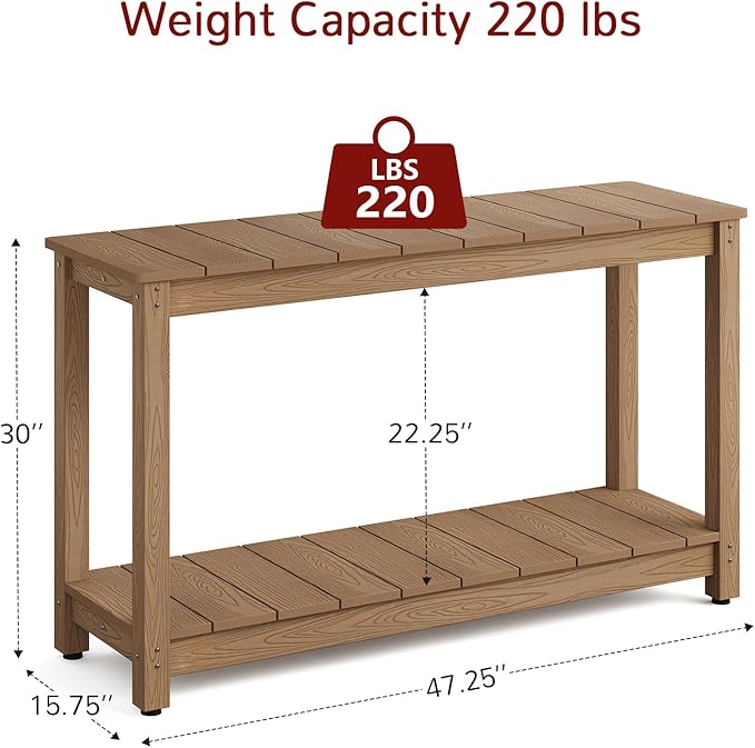 Stoog All-Weather Patio Console Table, 2-Tier Outdoor Table with Adjustable Feet, Never Fade or Rot, for Backyard, Deck, Entryway, and Garden, Teak