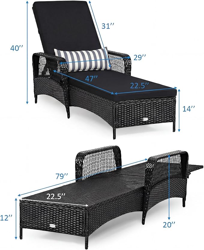 Tangkula Wicker Chaise Lounge Outdoor, Patio Rattan Reclining Chaise with 6-Gear Adjustable Backrest, Thick Padded Cushion & Removable Lumbar Pillow, Pool Lounge Chairs (1, Black + Black)