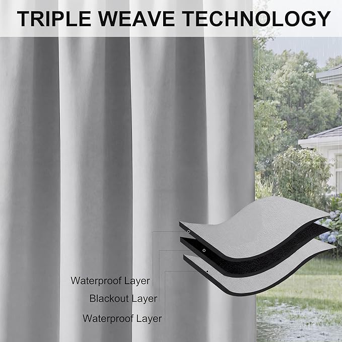 RYB HOME Extra Wide Outdoor Curtains for Patio Waterproof Heavy Duty Thermal Insulated in Summer Full Coverage Privacy for Porch, Cabana & Pool, W120 x L95, Light Grey, 1 Panel
