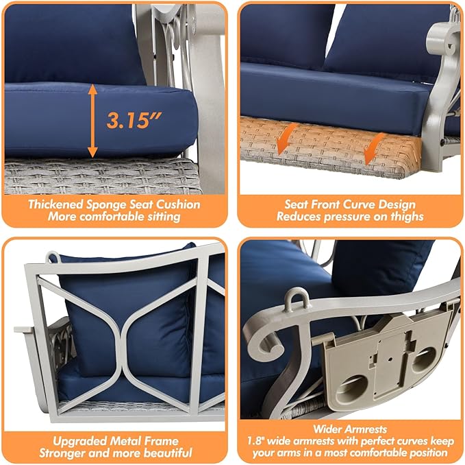 Heavy Duty 900 LBS Porch Swing Chair 3-Person Outdoor Rattan Patio Swing Lounge w/Cup-Holder & Steel Chains Wicker Hanging Bench Porch Swing Cushions for Deck & Backyard & Garden