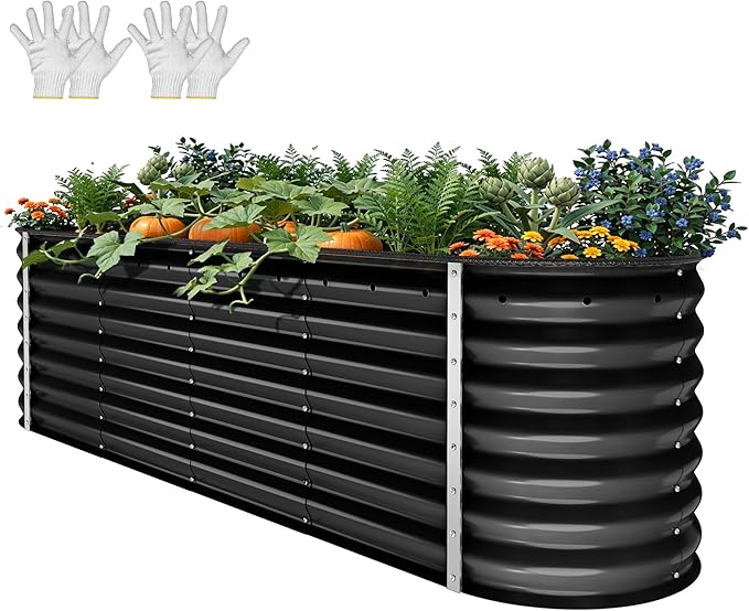YITAHOME 24" Tall 9 in 1 Large Raised Garden Bed Kit, 8x2x2ft Galvanized Metal Planter Box with Gloves and Safety Rubber, Outdoor Above Ground Planters for Plants Vegetables Flowers, Black
