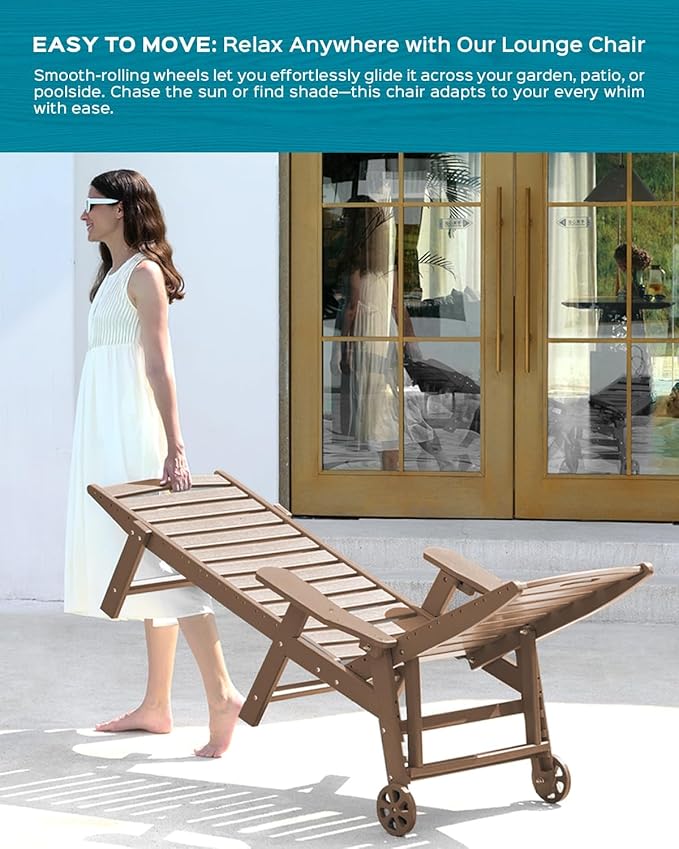 Outdoor Chaise Lounge Chair Set of 2, Patio Lounge Chairs for Outside, HDPE Lounge Chair with Wheels & Cup Holder, Poly Chair with 5 Position for Poolside, Deck, Brown