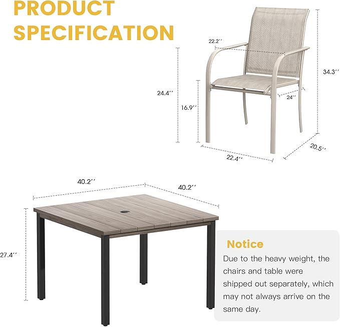 VICLLAX Outdoor Dining Set for 4, 5 Pieces Patio Dining Furniture Set with Umbrella Hole- 40.2" Patio Table and Chairs for Balcony, Garden and Deck, Grey Wood Grain Tabletop