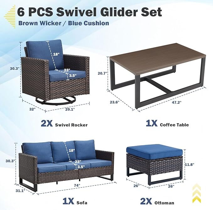Belord 6 Piece Outdoor Furniture Patio Wicker Sofa Set, Oversize Outdoor Swivel Rocker Chairs with Rattan Ottomans, Conversation Sets Patio Furniture Come with Removable Washable Cushion Blue, Brown