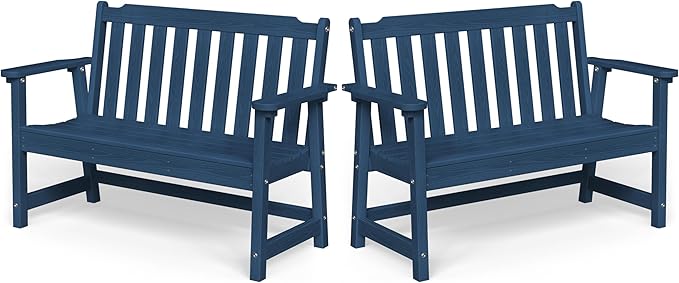 Ciokea 49" Heavy Duty Outdoor Bench Set of 2, HDPE Weatherproof Garden Bench, 2-Person Memorial Benches with 660 Lbs, Waterproof Patio Porch Benches for Outside Business Office Backyard, Navy Blue