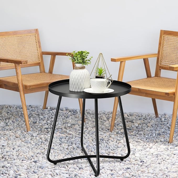 danpinera Outdoor Side Tables, Weather Resistant Steel Patio Side Table, Small Round Outdoor End Table Metal Side Table for Patio Yard Balcony Garden Bedside Black, Set of 2