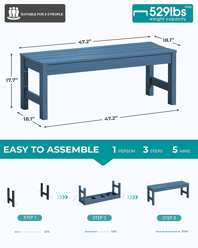 SERWALL 47 Inches Outdoor Bench Set of 2, All Weather HDPE Backless Bench with Wood Grain Texture for Garden Porch and Park, Curved Bench Seat for Comfort, Blue
