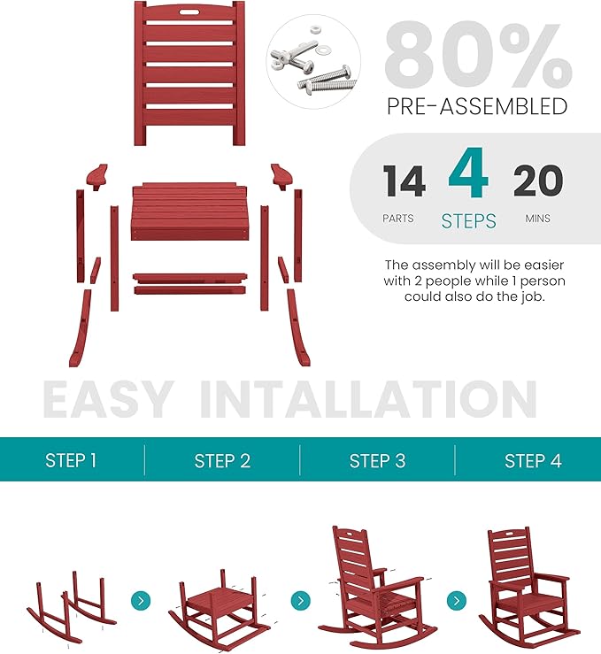 SERWALL Outdoor Rocking Chair, Oversized Rocking Chair with Footrest for Adults, HDPE All Weather Resistant Rocking Chairs for Patio, 350lbs Weight Capacity, Red