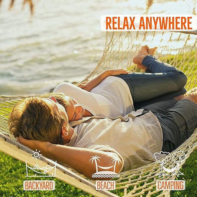 Castaway Living 13 ft. Double Traditional Hand Woven Navy Polyester Rope Hammock – 2-Person, 450 lb Capacity, Free Extension Chains & Tree Hooks, Designed in The USA