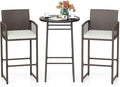 Tangkula 3 Piece Patio Bar Set, Outdoor Wicker Bar Height Glass Top Table & 2 Cushioned Bartools Heavy Duty, for Backyard, Poolside, Porch