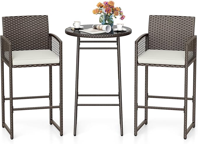 Tangkula 3 Piece Patio Bar Set, Outdoor Wicker Bar Height Glass Top Table & 2 Cushioned Bartools Heavy Duty, for Backyard, Poolside, Porch
