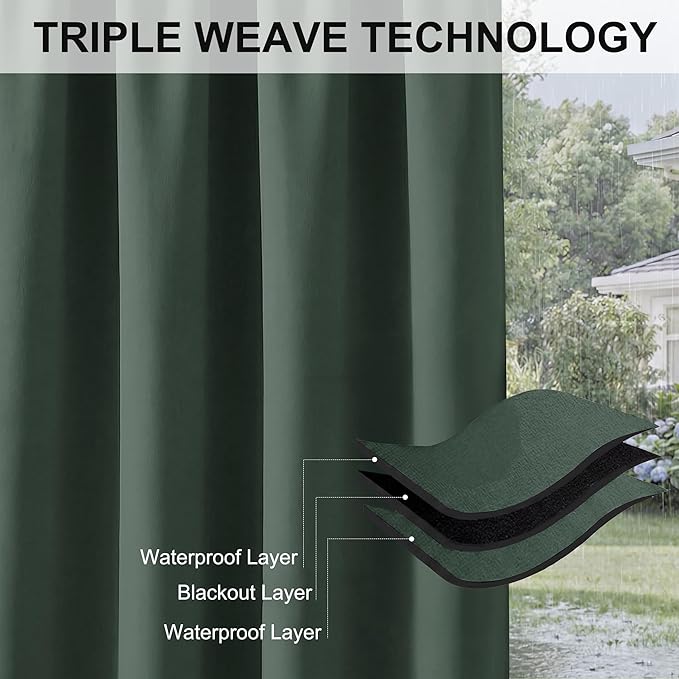 RYB HOME Outdoor Curtains for Patio Waterproof Block Sunlight Thermal Insulated Privacy Assured Thick Outside Curtains for Porch, Gazebo, Pergola, W52 x L95, Dark Green, 1 Panel