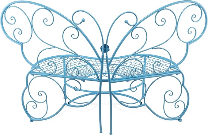 Alpine Corporation BAZ400BL Indoor Outdoor Metal Butterfly Shaped Garden Bench, 62" Long, Blue