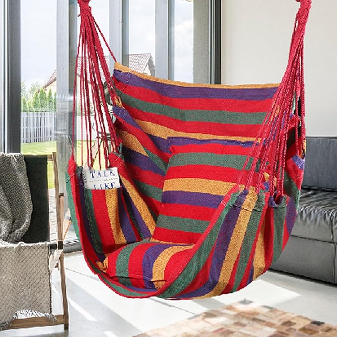 Goutime Hammock Chair, Boho Hanging Rope Ceiling Swing, Macrame Hanging Swinging Chair for Indoor,Outdoor,Bedroom,Outside,Garden,Balcony,Yard,Deck,Max 330 Lbs,Red