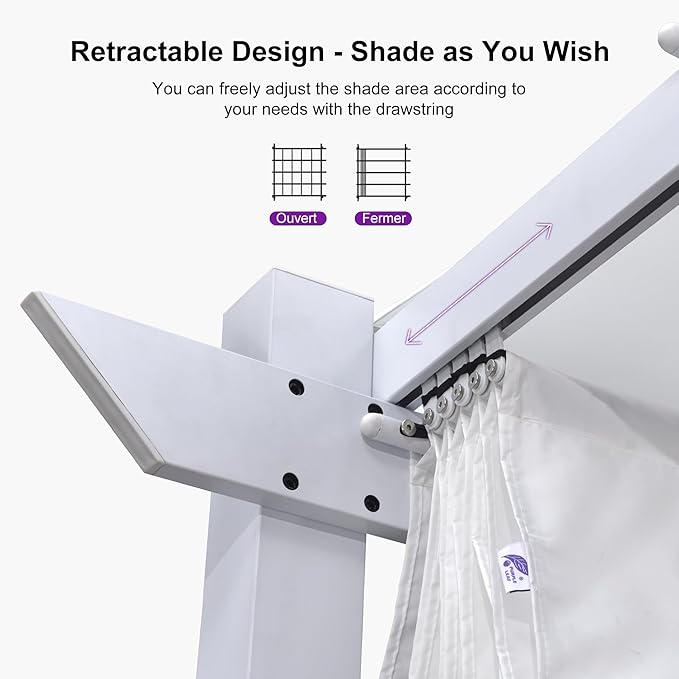 PURPLE LEAF 10' x 10' Aluminum Outdoor Pergola White Wind-Resistant Retractable Pergola with Double Sun Shade Canopy Heavy-Duty Metal Pergola for Patios Backyard Deck Garden, White