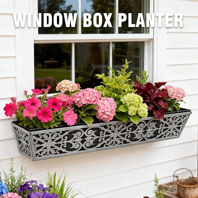 4 Pack 30 Inch Window Boxes Planter for Outdoor Plants Deck Railing Planters Box with Adjustable Brackets for Porch Fence Balcony Hanging Flower Baskets with Non-Woven Fabric Liner for Garden Décor