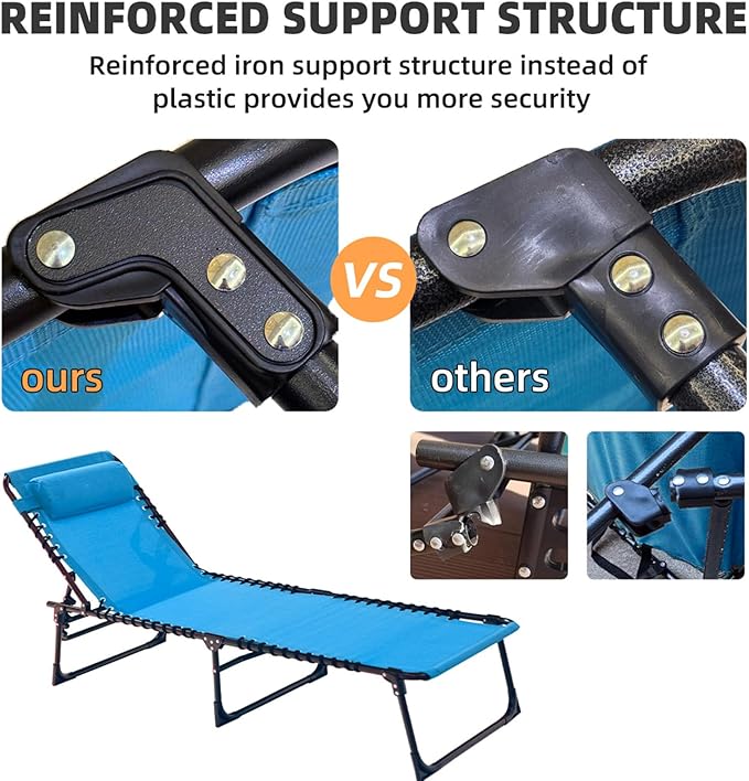 Folding Chaise Lounge Chair Bed - Heavy-Duty 400lb Capacity Portable Adjustable Recliner w/Pillow for Patio, Pool, Camping, Sunbathing - Lay Flat Design (Blue)