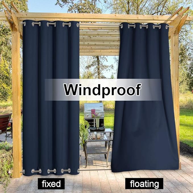 NICETOWN Outdoor Curtain for Patio Waterproof Extra Long 120", Windproof Thermal Insulated Top and Bottom Stainless Steel Grommets Blackout Outdoor Drape for Arbor, Navy Blue, 1 Piece, 52" Wide