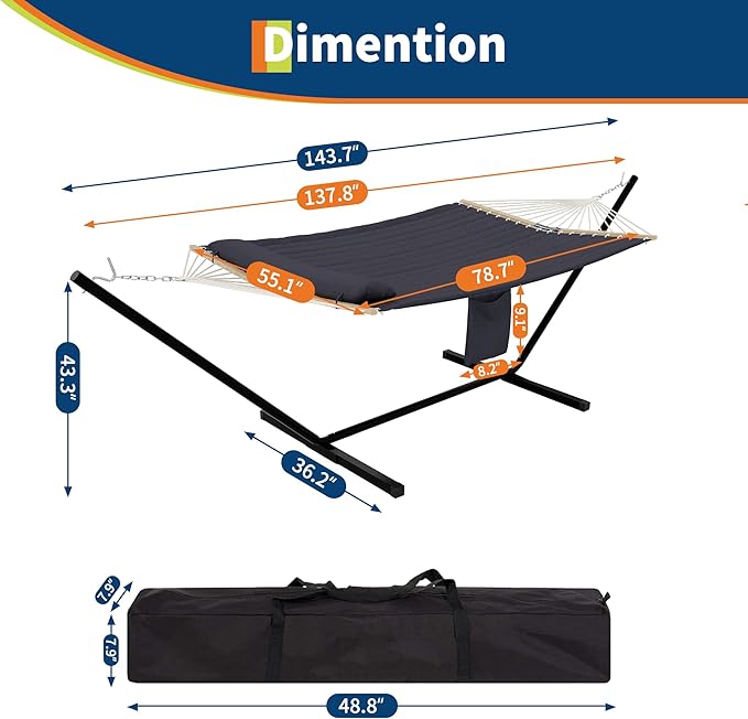 2 Person Outdoor Hammock with Stand, Portable Hammock, Heavy Duty Hammock with Carrying Bag, Soft Pillow, Balance Ropes, for Patio, Backyard, Garden, Beach, Gray