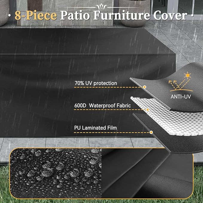 Aoxun 8-Piece Outdoor Patio Furniture Set - 44” Fire Pit Table, Durable Wicker Rattan Sectional Sofa with Coffee Table, Comfy Thickened Cushions, Blue (Waterproof Cover Included)
