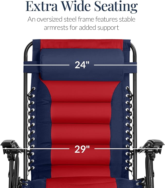 Best Choice Products Oversized Padded Zero Gravity Chair, Folding Outdoor Patio Recliner, XL Anti Gravity Lounger for Backyard w/Headrest, Cup Holder, Side Tray, Polyester Mesh - Navy/Red