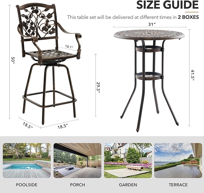 3 Piece Swivel Outdoor Table and Chairs Bar Set , All-Weather Cast Aluminum Outdoor High Top Patio Bar Set Bistro Set, High Swivel Stools with Cushions Umberlla Hole for Balcony, Poolside,Garden,Lawn