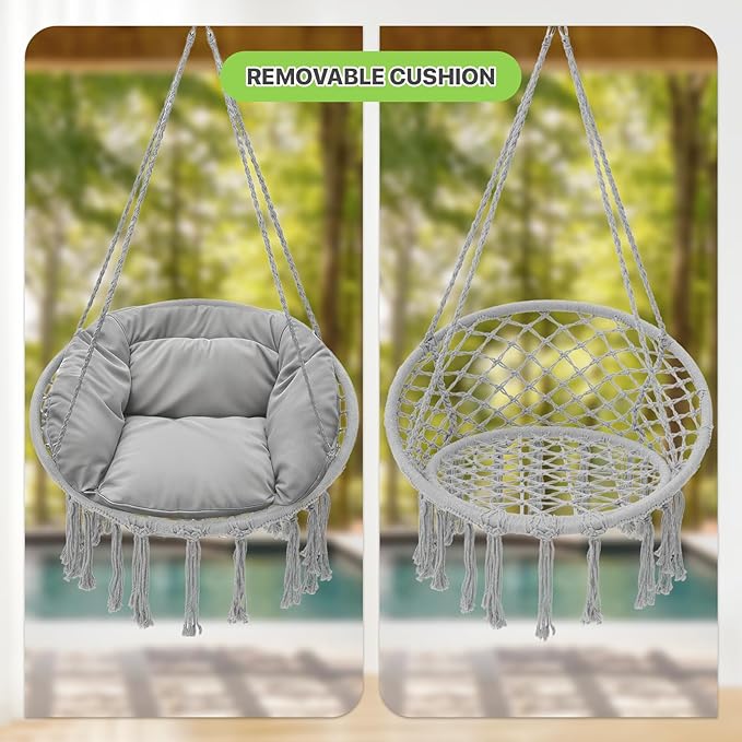 Magshion Hanging Hammock Chair with Comfortable Full Cushion, Macrame Indoor and Outdoor Swing Chair, 350 Lbs Capacity, Accent Hanging Swing with Boho Tassels for Living Room, Bedroom and Porch (Gray)